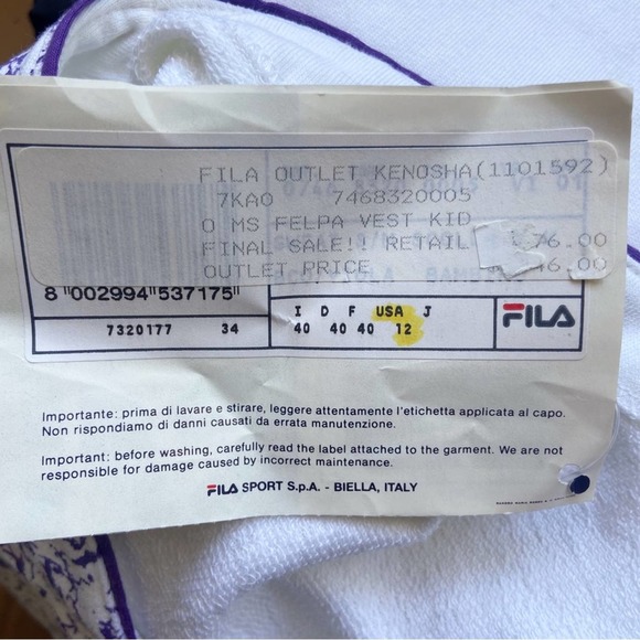 Fila Sweater Vest Vintage Athletic V-Neck Cream Purple Print NWT Size 12 - Picture 9 of 9
